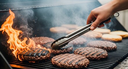 Closeup of a hand using tongs to flip juicy beef burgers cooking on a flaming hot grill