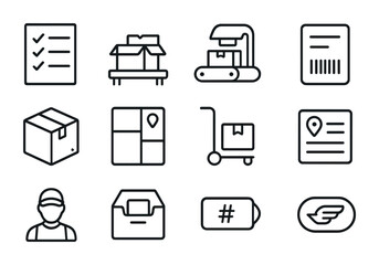 Order Fulfillment Icons. Outline icon set of order fulfillment process: pick list, packaging station, sealing