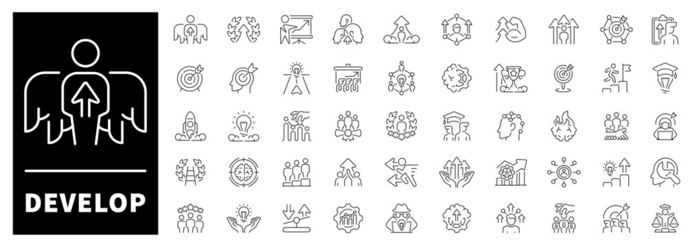 Development, progress, develop, upgrade icons collection. Develop vector icons in line style.