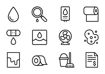 Water Leak Repair Icons. Outline icon set of water leakage and repair: drip icon, crack detection, moisture