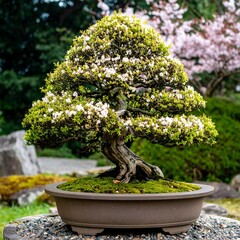 Exquisite bonsai, blooming white flowers
