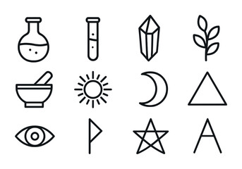 Alchemy Icons Grid. Outline icon set of alchemy symbols: flask, vial, crystal, herb, mortar, pestle, sun