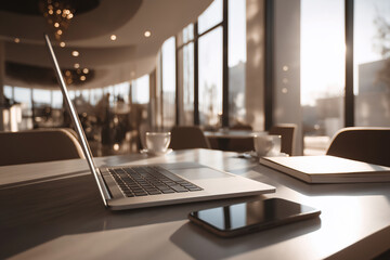 Modern workspace in a cafe during golden hour with laptop and coffee