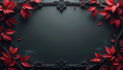 Smoky black floral frame with vibrant red leaves, ornamental details. Dark, elegant border features gothic, mystical foliage with intricate, dramatic texture. Ideal for cards, banners, invitations,