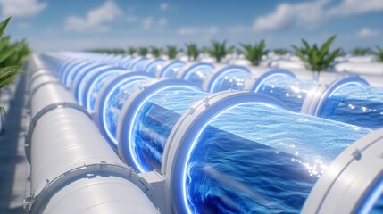 Futuristic industrial water recycling system with transparent tanks, glowing blue pipelines, eco friendly green technology