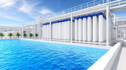 Obraz premium Industrial wastewater treatment and recycling plant with automated machinery, realistic metallic structures, eco technology concept