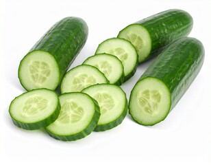 Fresh Cucumbers with Sliced Rounds on White Surface