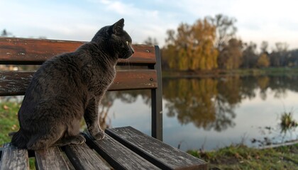 Gray cat on park bench by a pond