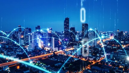 Futuristic city skyline at night with digital network connections and data streams visualizing - Powered by Adobe