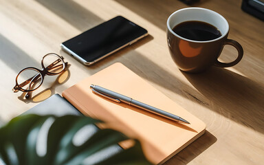 A minimalist composition with warm natural lighting, soft shadows, and ample negative space features a neatly arranged flat, black coffee, eyeglasses, smartphone, silver pen, orange notebook, and part