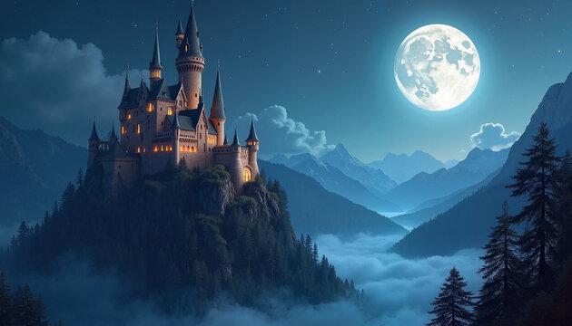 Majestic castle on a mountain under a glowing moon
