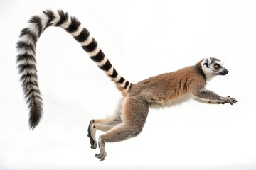 Naklejka premium Ring tailed lemur captured mid leap with its iconic striped tail elegantly curved against a stark white background