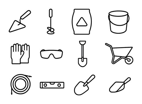 Cement Tools Icons. Outline icon set of cement mixing tools: mortar trowel, mixing paddle, cement bag, water