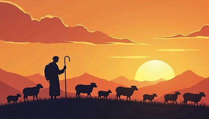 Shepherd guiding sheep against sunset background  
