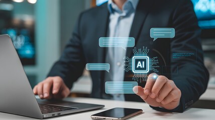 AI in the Office: A man interacts with advanced artificial intelligence, symbolized by a glowing interface, within a modern office, exploring the integration of AI.