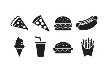 Collection of popular fast food icons in black silhouette