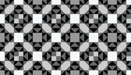 A monochrome geometric design featuring a combination of black, white, and gray. The motif consists of small triangles arranged in squares and star patterns, creating a contrasting, modern, and elegan