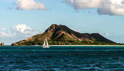 Sailboat on tranquil waters near a lush island.