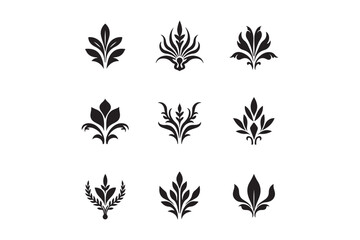 Collection of nine black floral ornate decorative elements
