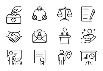 Charitable Careers Icons. Outline icon set of careers in charitable organizations: donation box, collaboration