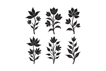 Six stylized black botanical illustrations of flowers and leaves