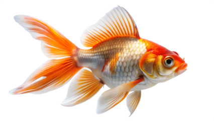 A vibrant orange and white goldfish swimming gracefully, isolated on a transparent background, showcasing its delicate fins and shimmering scales