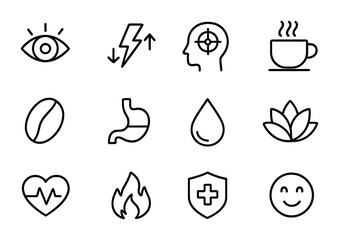 Caffeine Effects Icons. Outline icon set of caffeine effects and benefits: alertness, energy, focus,