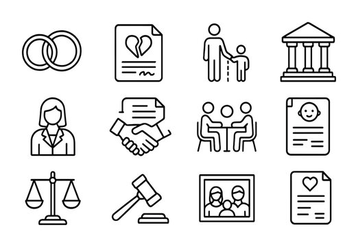 Family Law Icons. Outline icon set of family law practices worldwide: wedding rings, divorce papers, child