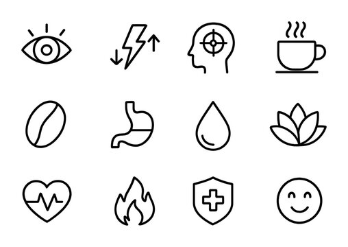 Caffeine Effects Icons. Outline icon set of caffeine effects and benefits: alertness, energy, focus,