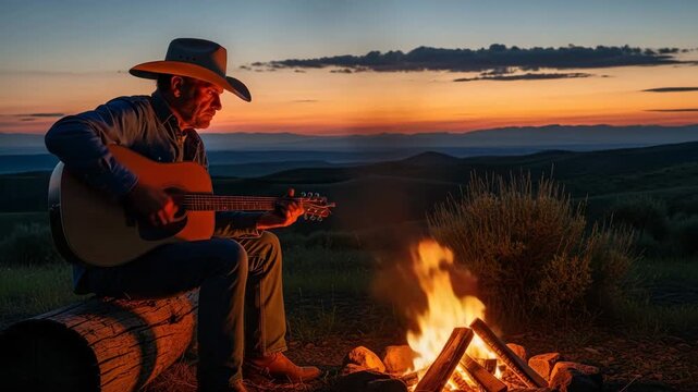 Cowboy playing guitar by campfire at sunset in mountains, western country lifestyle scene with firelight, music, solitude and traditional American culture