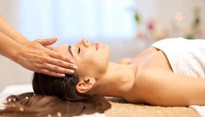 A peaceful spa treatment session, featuring a client receiving a relaxing head massage.