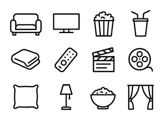 Home Theater Icons. Outline icon set of weekend home theater: couch, TV screen, popcorn bucket, soda cup,
