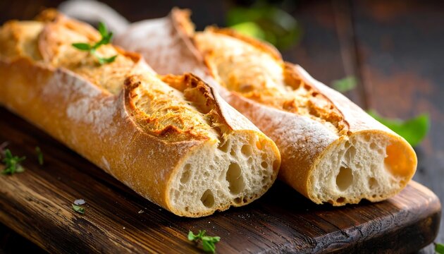 Freshly baked baguettes on wooden board - Powered by Adobe