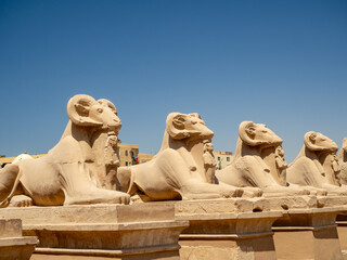 The entrance of Karnak Temple, featuring rows of ram-headed sphinx statues lining the Avenue of Sphinxes, leading to the ancient temple complex