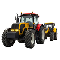 Obraz premium Two modern agricultural tractors with powerful engines and large tires isolated on transparent background