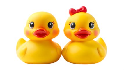 Two adorable yellow rubber ducks, one with a red bow, sitting together against a transparent background, symbolizing childhood fun and bath time play