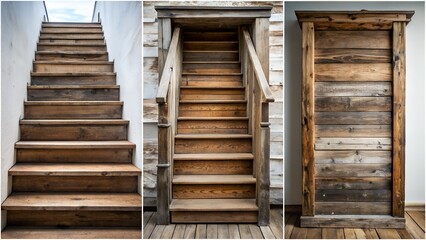 Rustic wooden staircase and weathered plank door, showcasing aged timber textures and natural material construction, representing passage and progress