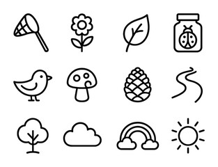 Fototapeta premium Nature Play Icons. Outline icon set of children playing in nature: butterfly net, flower, leaf, bug jar, bird,