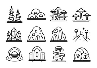Alien Architecture Icons. Outline icon set of alien architecture: spiral towers, dome complexes, bridge