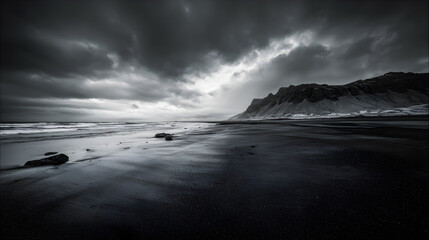 Naklejka premium Wide-angle shot of a desolate black sand beach in Iceland, with storm clouds rolling above and rugged mountains in the background, creating a dramatic and hauntingly beautiful scene. cinematic, moody