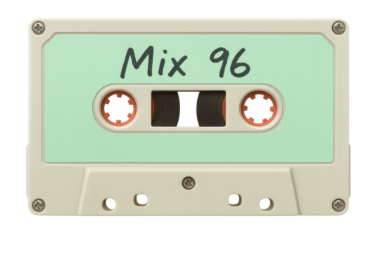 Vintage audio cassette tape mix from 1996 isolated on transparent background