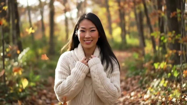 Young asian woman smiling as autumn leaves fall in a beautiful forest scene for lifestyle content