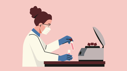 Female scientist in laboratory wearing mask and gloves placing test tube sample into centrifuge machine for medical diagnostics, biology research, and clinical analysis. Flat vector illustration
