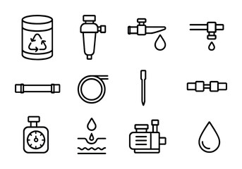 Drip Irrigation Icons. Outline icon set of drip irrigation from recycled water: water tank, filter, drip