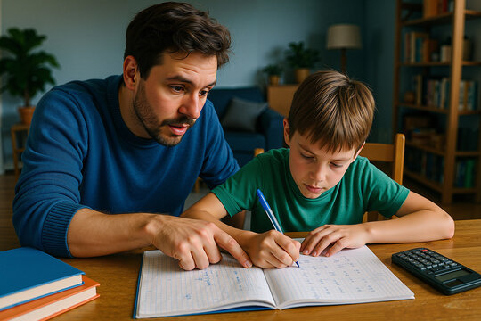 A father helps a boy with homework at home, atmosphere of concentration.