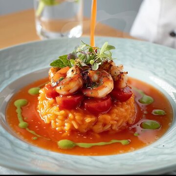 risotto, reis, tomatensauce, jule, scmapi, gourmet, strenekoch, essen, suppe, mahl, fleisch, gem&uuml;se, sch&uuml;ssel, essgeschirr, tomate, abendessen, kochen, eintopf, lunch, gesund, sauce, rind, teller, pfe