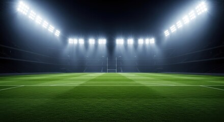 An empty, brightly lit sports stadium at night, ready for a major game with focus on the green field and goalposts