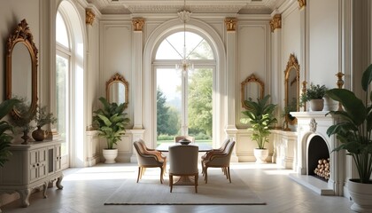 Elegant neoclassical dining room featuring large arched window overlooking rich garden. Room boasts ornate molding, classical fireplace, gold-framed mirrors. Furnished with dark wood table,