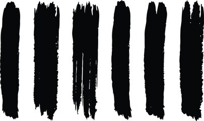 Group of vertical black brush strokes isolated on white background, featuring grunge textures and artistic marks for creative projects