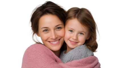 Smiling and happy Caucasian mother and daughter hugging, isolated on white or transparent background